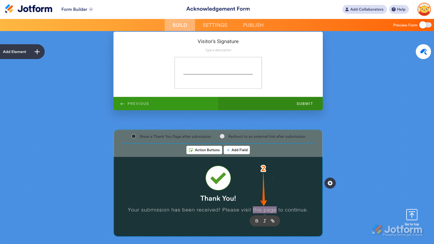 Jotform Card Thank You Page editor with highlighted text