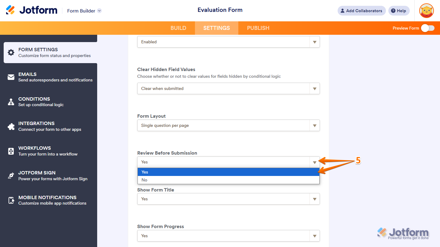 Settings page in Form Builder showing the Review Before Submission section