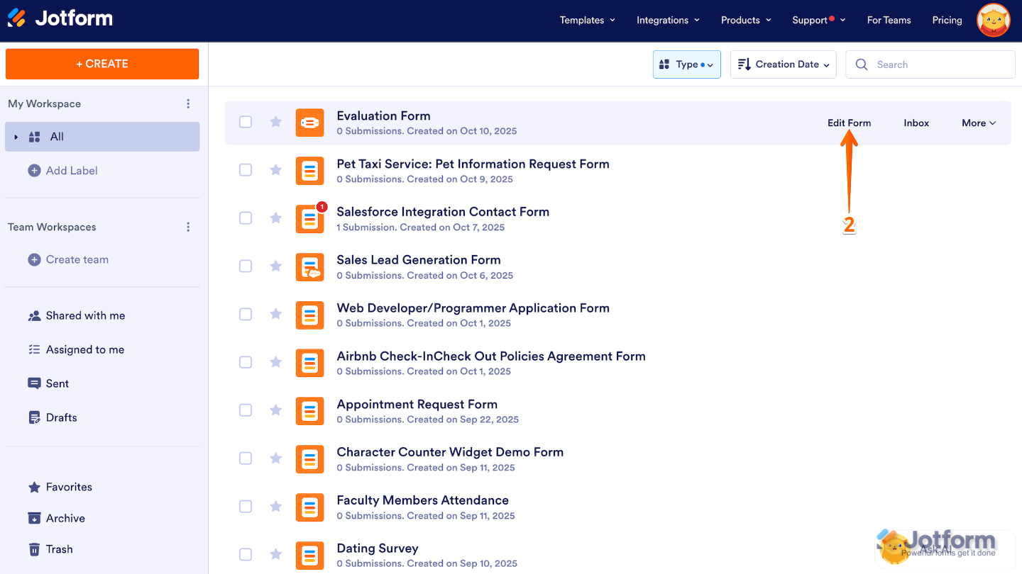 Workspace page showing a list of forms, with the mouse pointer hovering over a form and the Edit Form button highlighted on the right side