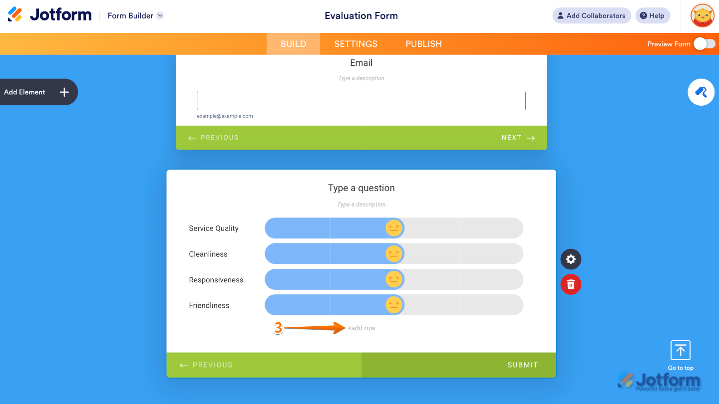 Emoji Slider field in Form Builder with the Add Row option selected to add more labels