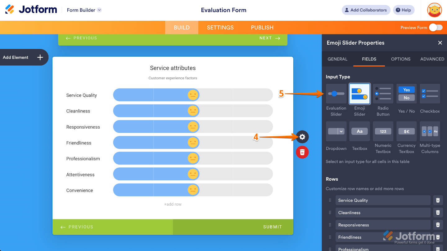 Emoji Slider Properties panel in card form showing the Fields tab with the Input Type option selected