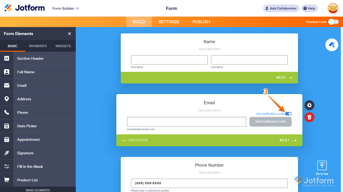 Email field settings showing Use Verification Code option enabled in Jotform