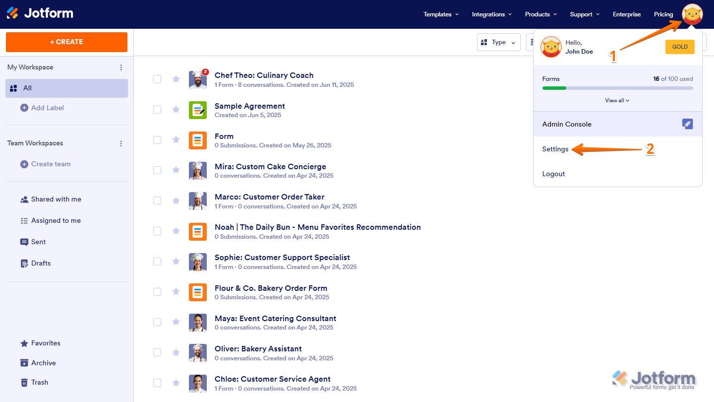 Profile Icon and Settings option in Jotform