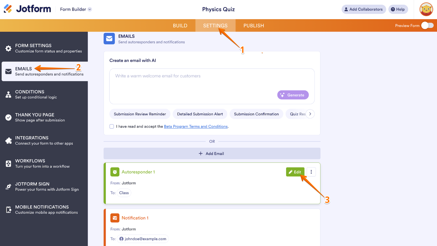 Form Builder interface with the Settings tab selected in the orange top navigation bar