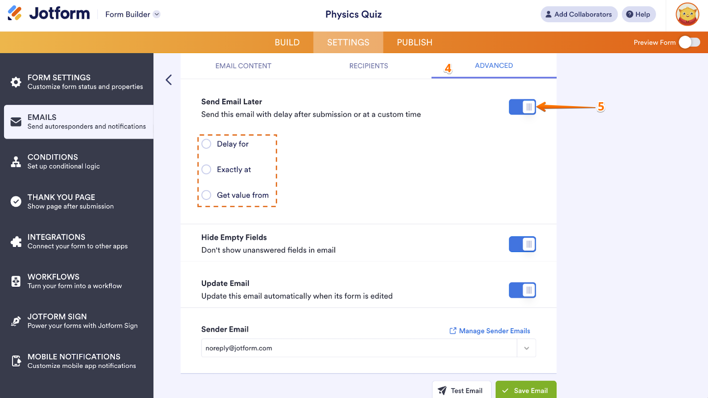Autoresponder Email settings showing the Advanced tab with the Send Email Later option highlighted