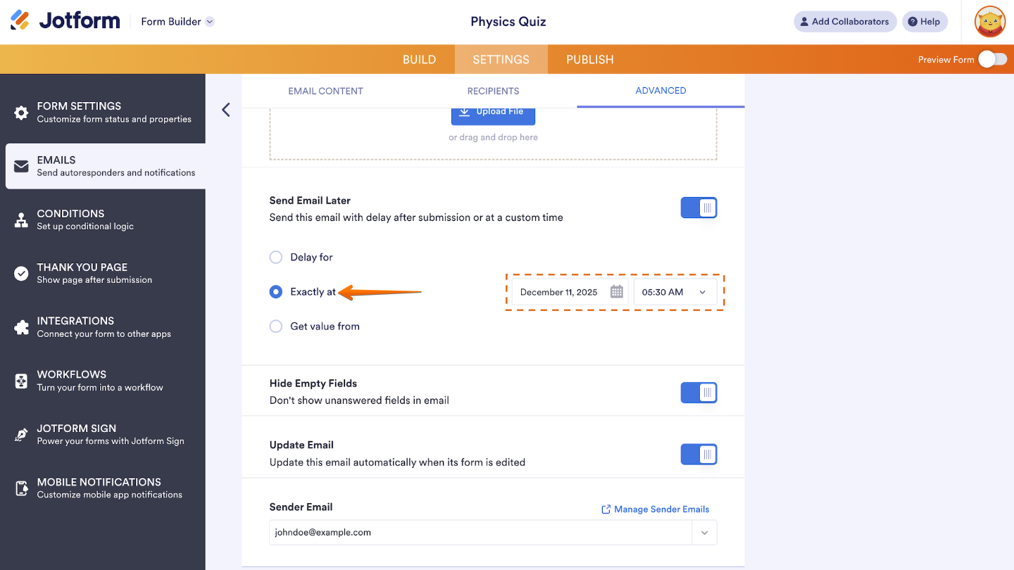 Autoresponder Email settings showing the ‘Exactly At’ option to schedule emails for a specific date and time