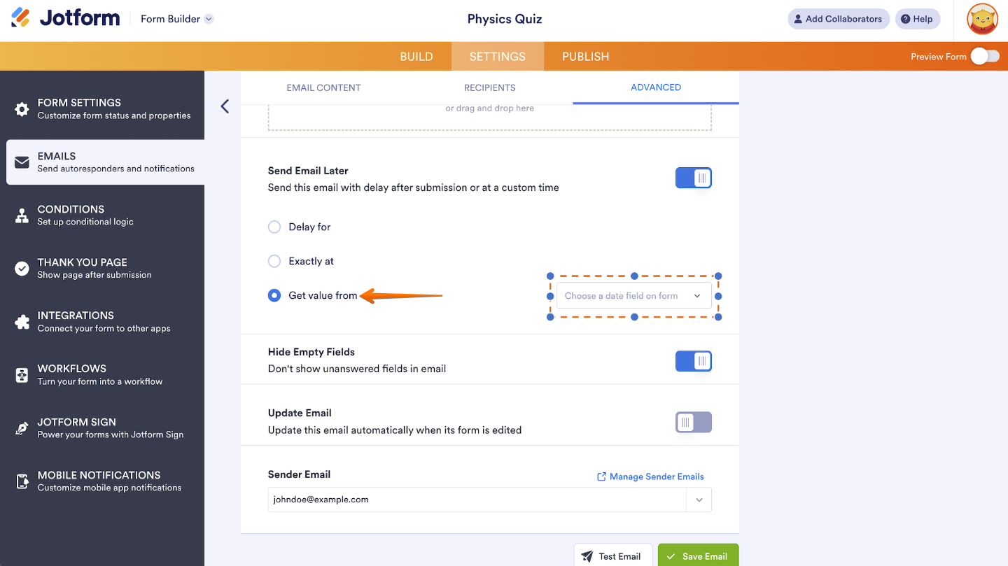 Autoresponder Email settings showing the ‘Get Value From’ option to schedule emails using a date or time from a form field