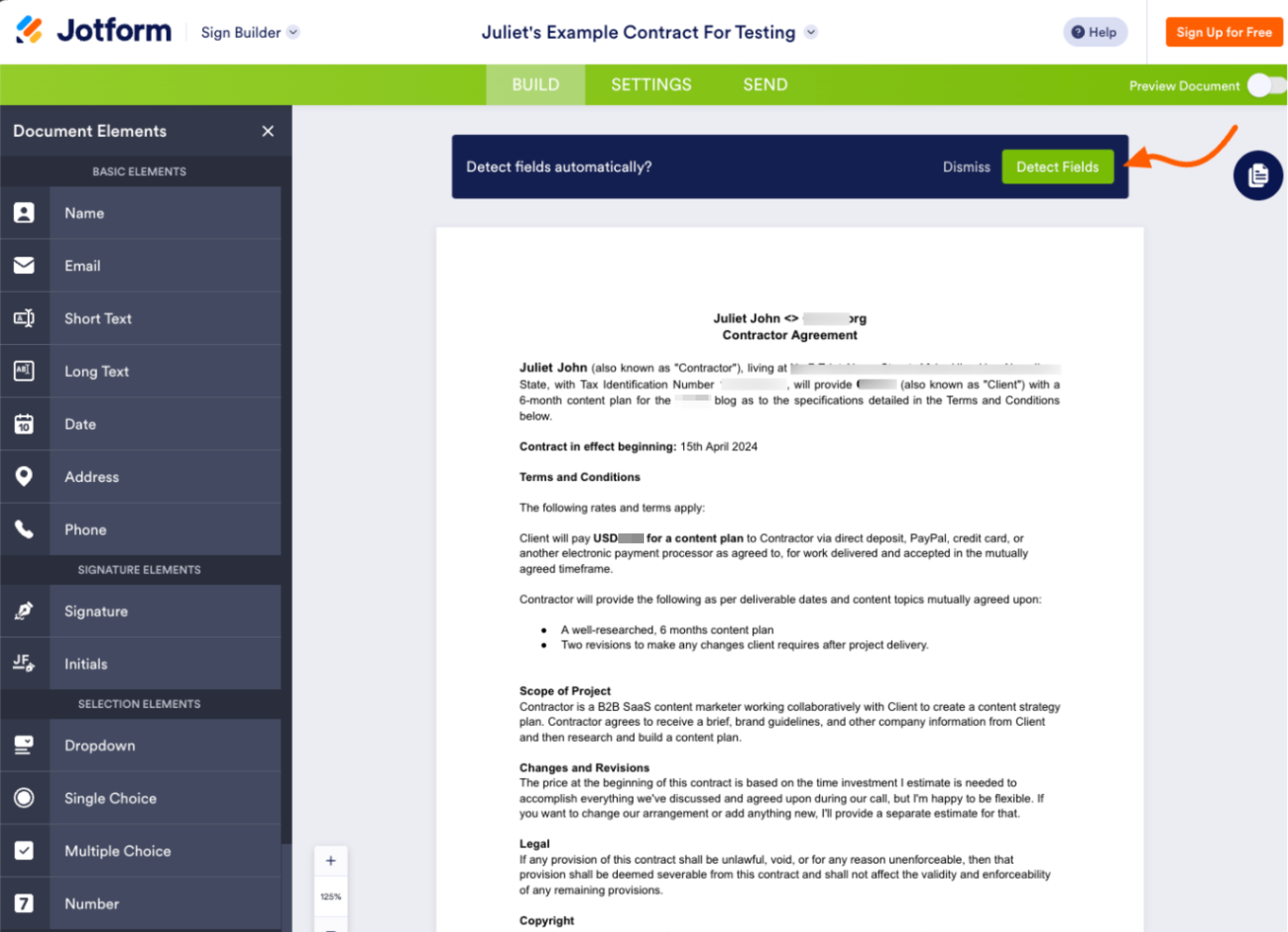 Jotform Sign Builder Detect Fields Button