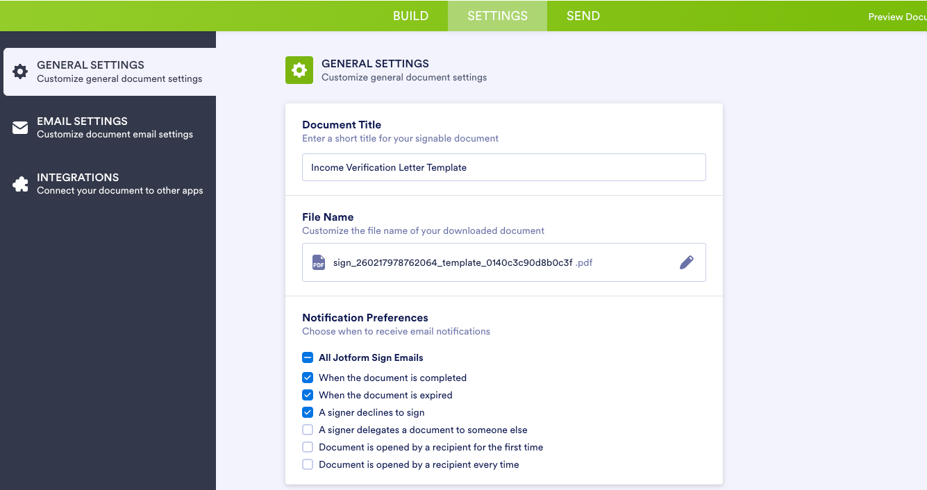 Jotform Sign Builder Settings Tab General Settings Page