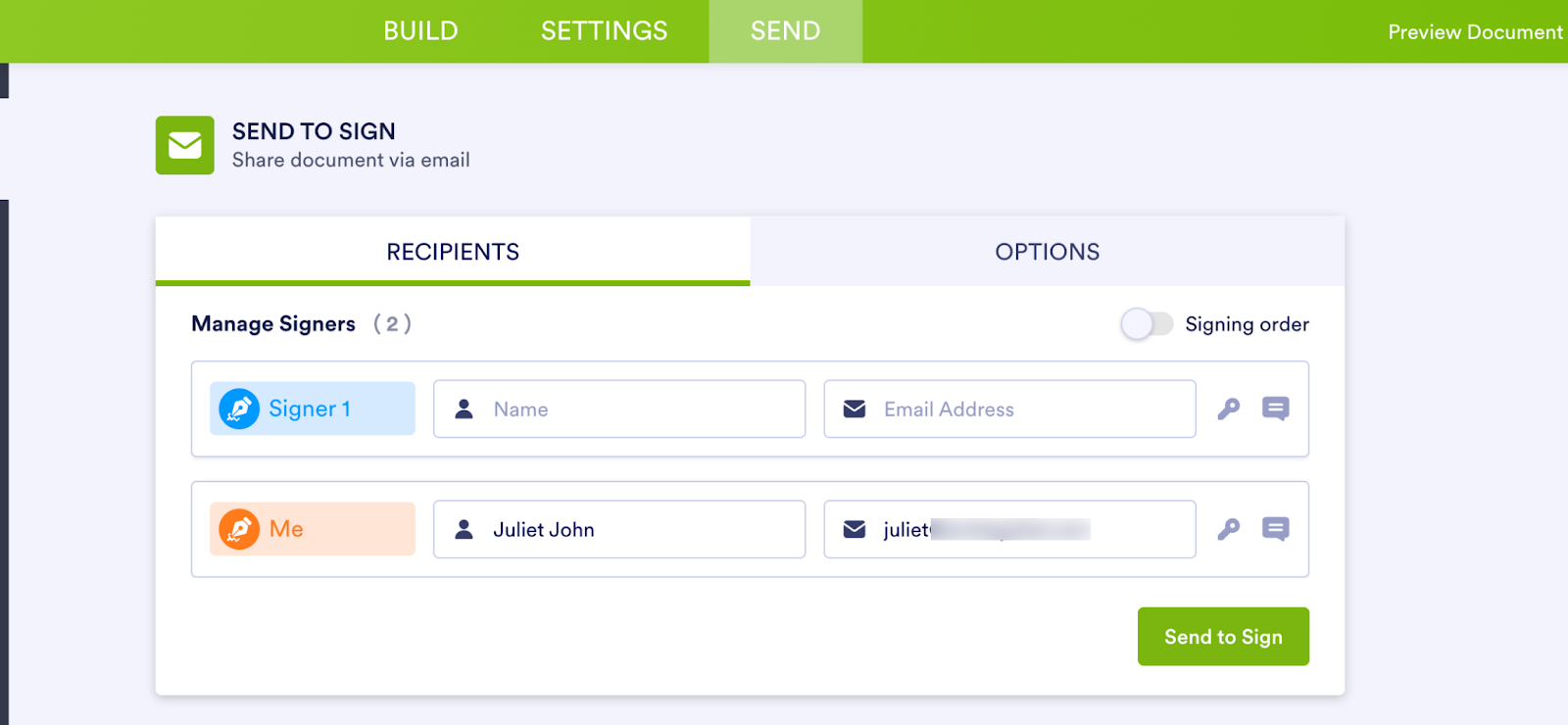Jotform Sign Send to Sign Tab Sign Recipients Menu