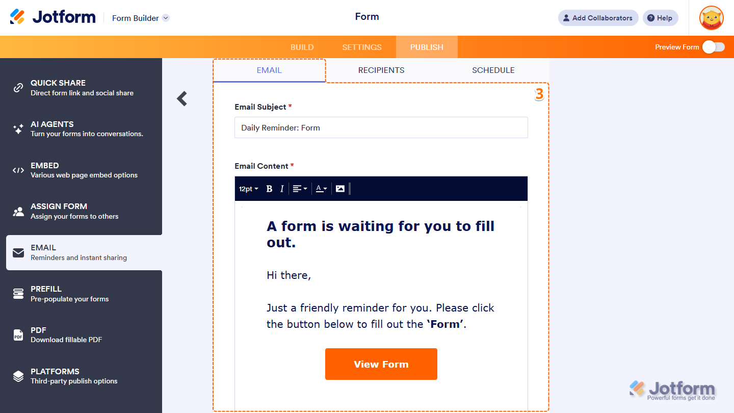 Editing the Email Subject and Email Content fields under the Email tab when setting up a scheduled reminder email in Jotform