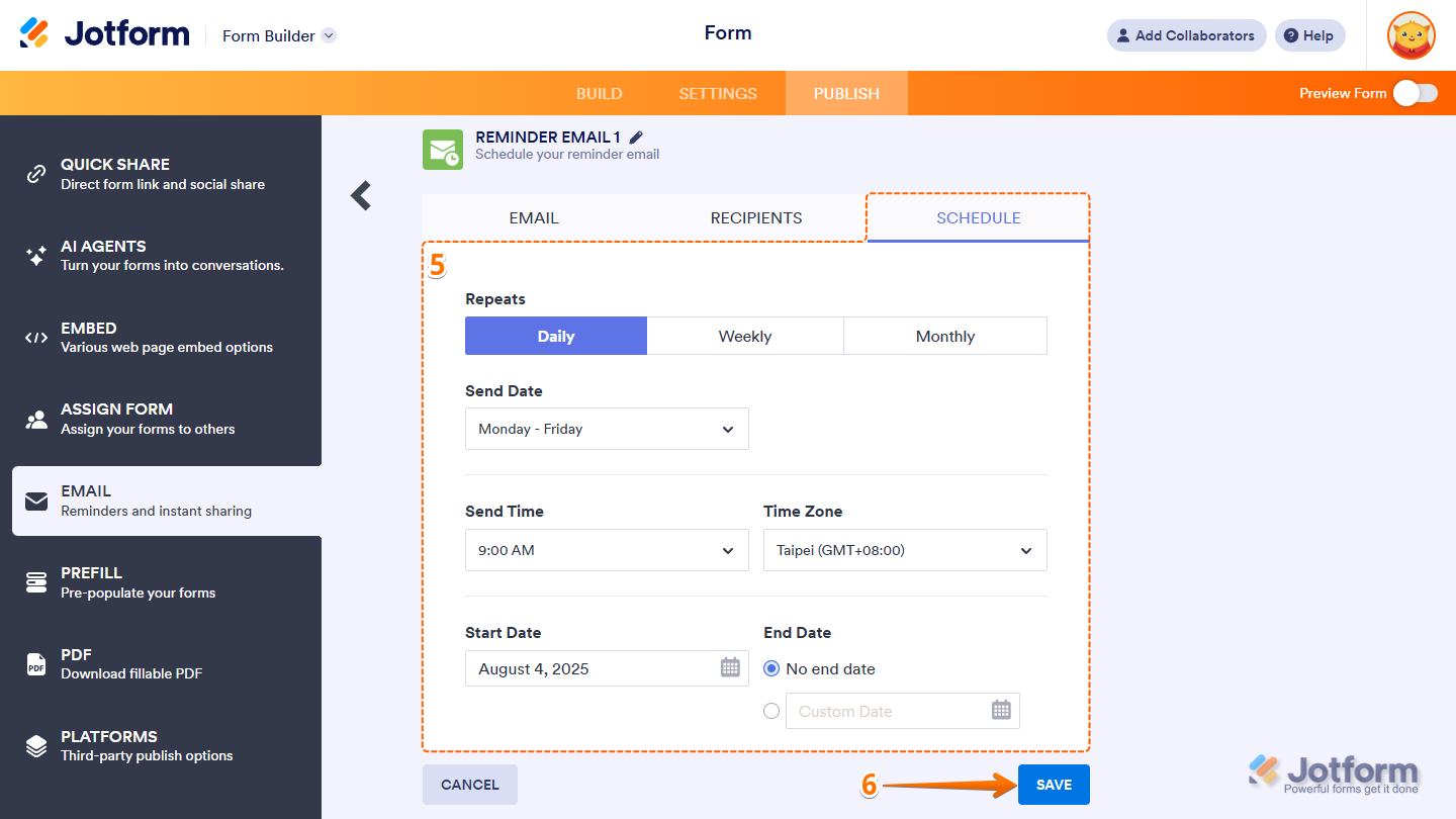 Configuring reminder email schedule settings including repeat frequency, send date, time, timezone, start date, and end date under the Schedule tab in Jotform