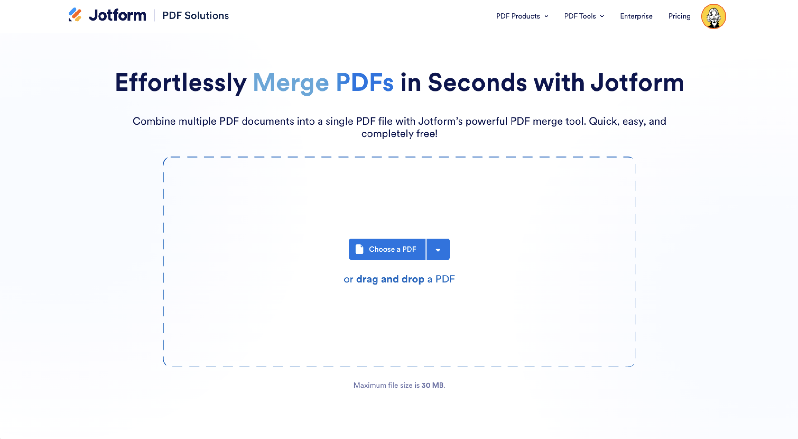 Jotform Merge PDF Tool Landing Page