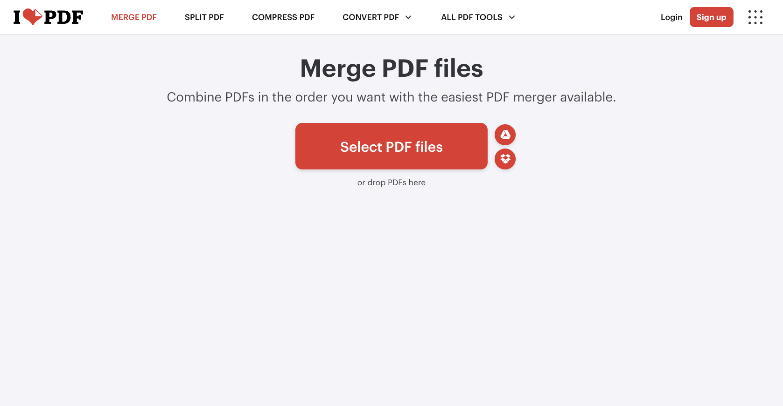 iLovePDF Merge PDF Landing Page