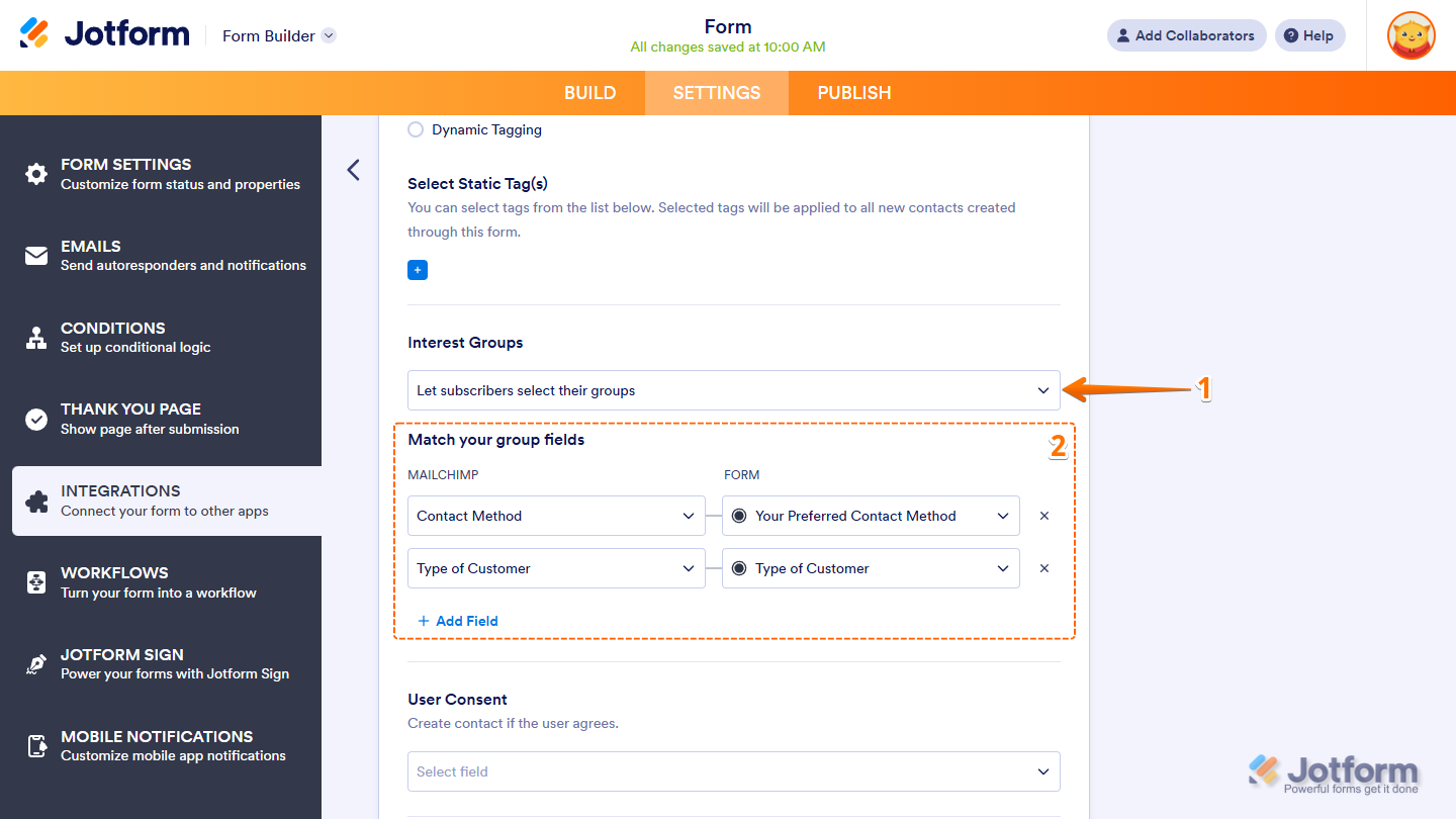 Let subscribers select their groups option from the Interest Groups dropdown menu in Mailchimp integration settings