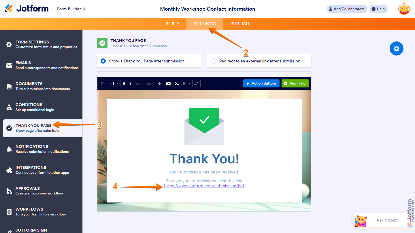 Form Builder Settings page showing Thank You Page editor with URL field in Jotform