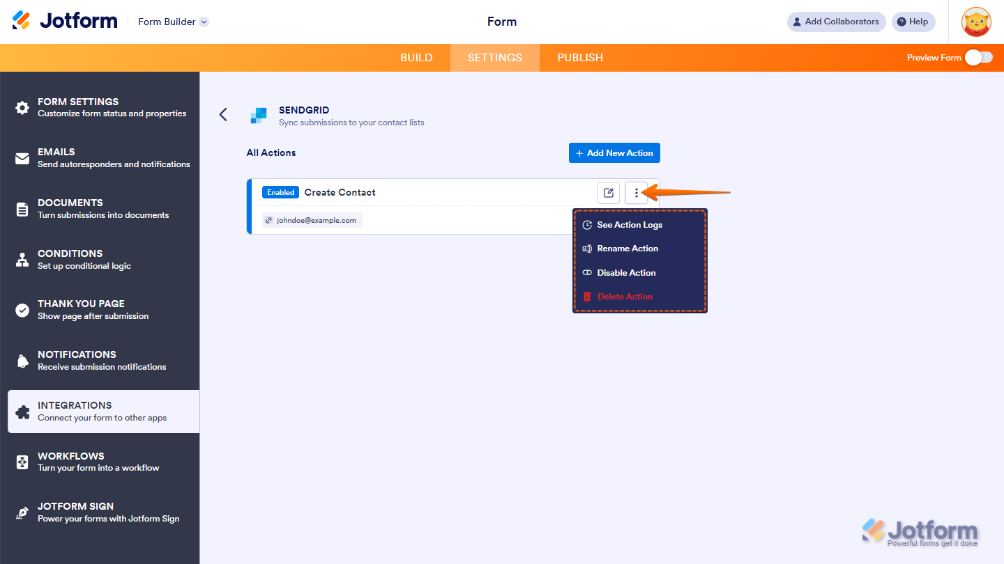 SendGrid integration actions list showing action options menu with logs rename disable and delete actions in Jotform