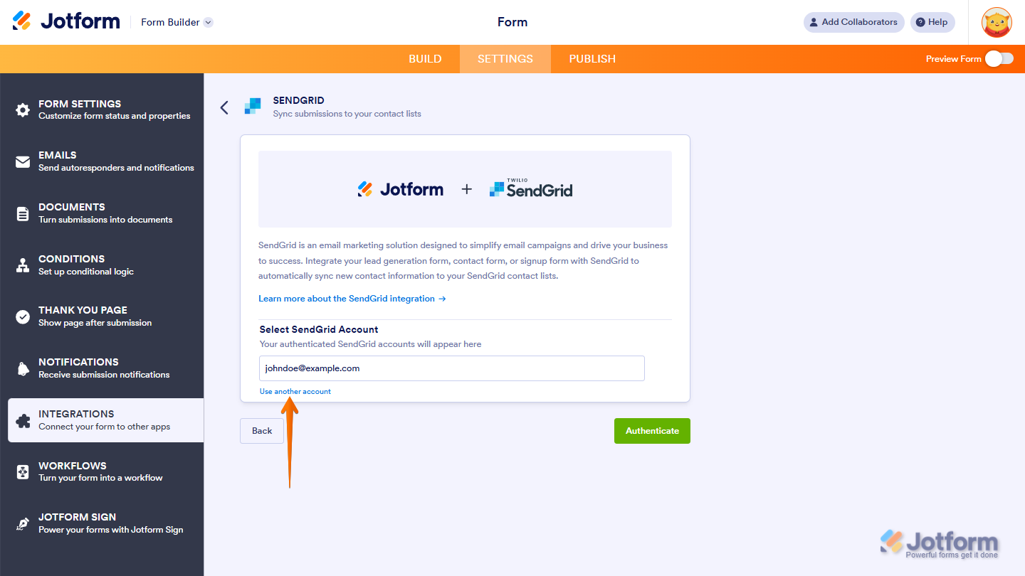 SendGrid account dropdown showing saved account and Use Another Account option in Jotform