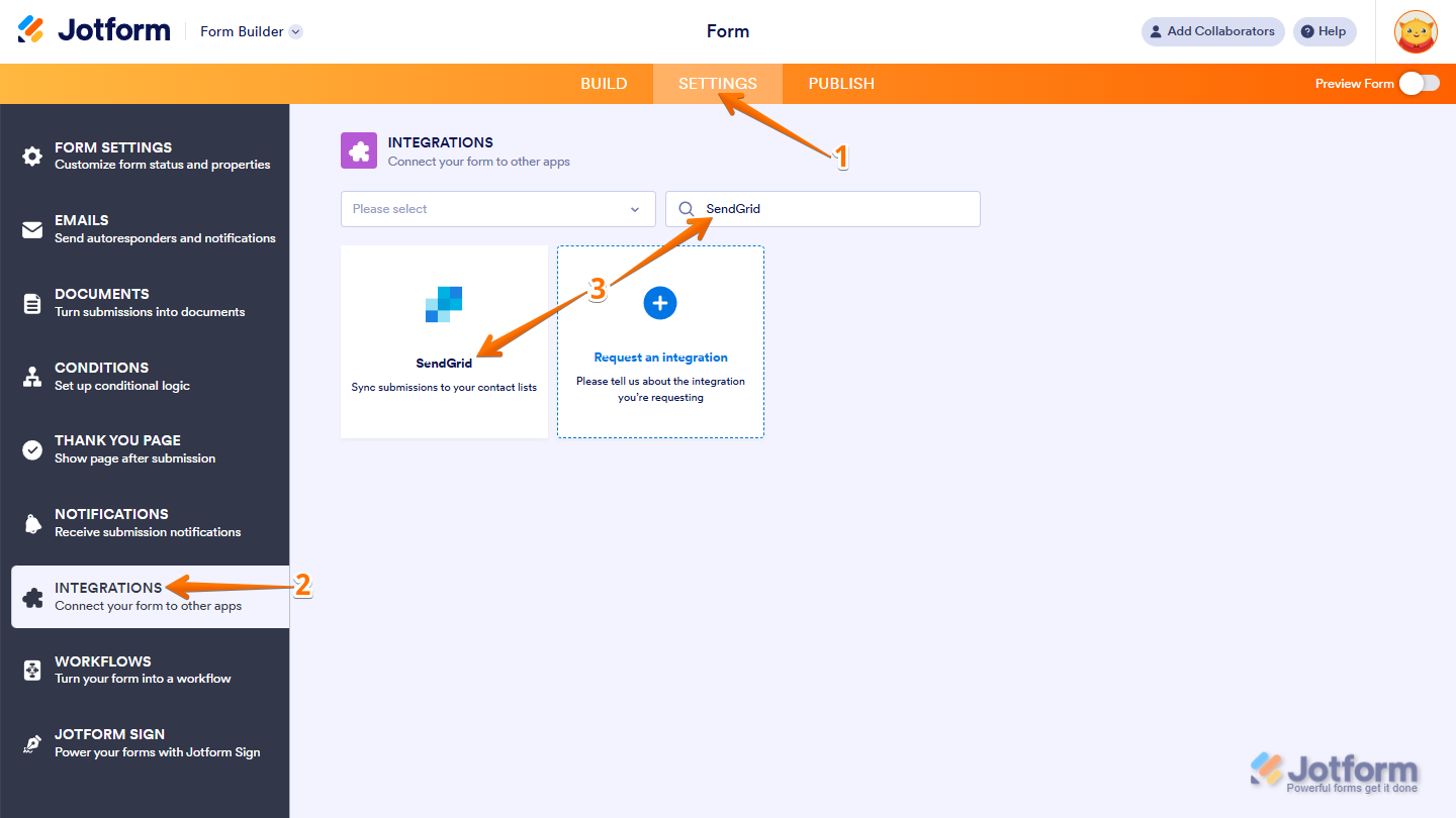 Form Builder Settings showing Integrations tab with SendGrid integration selected in Jotform