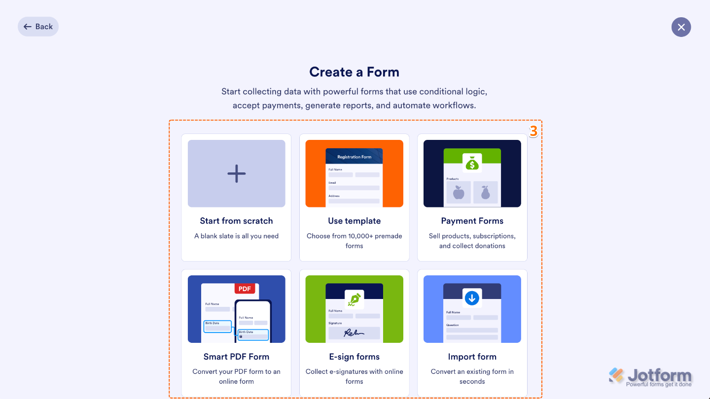 Create Form screen showing multiple options such as Start From Scratch, Use Template, Smart PDF Form, Import Form, Payment Form, and E-sign Form