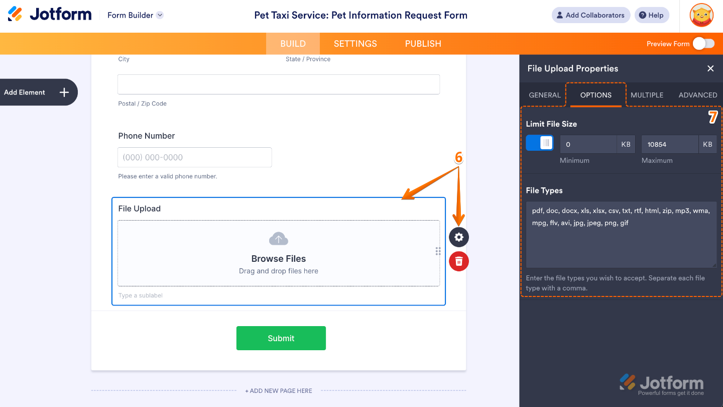 Form Builder showing the Gear icon on the File Upload field to access File Upload Properties