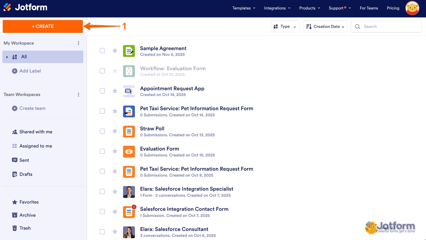 Workspace page showing the Create button located in the top-left corner