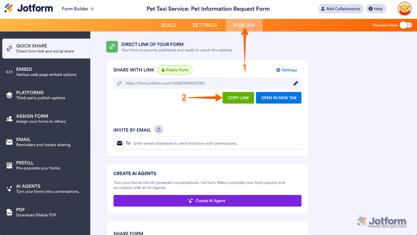 Form Builder interface with the Publish tab selected in the orange top navigation bar