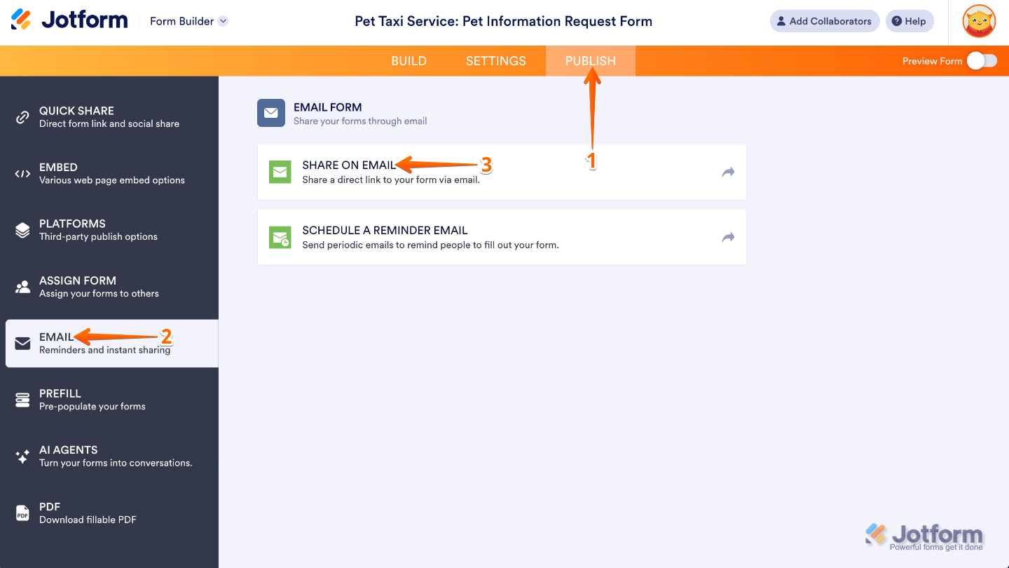 Form Builder interface with the Publish tab selected in the orange top navigation bar