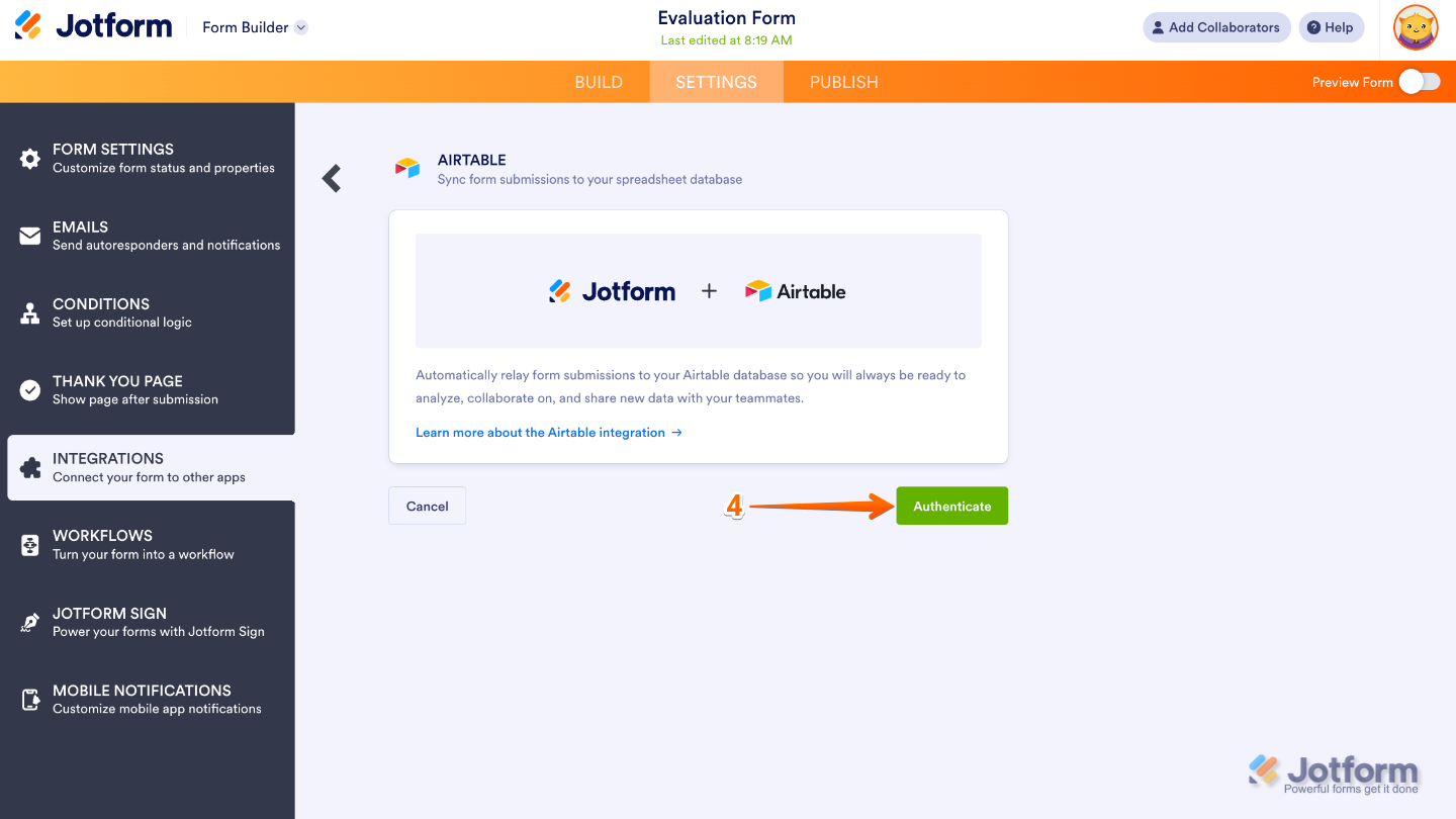 Airtable integration setup showing the Authenticate button to connect the account