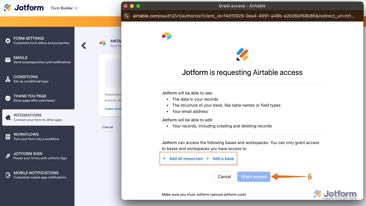 Airtable integration window showing Add All Resources and Add a Base options with the Grant Access button highlighted