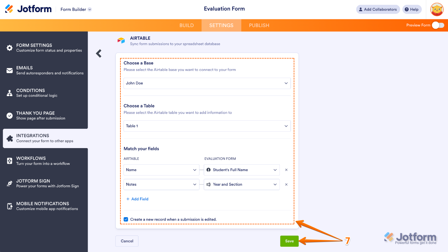 Airtable integration settings showing Choose a Base, Choose a Table, Match Your Fields sections, and the Create a New Record When Submission is Edited option, with Save button highlighted