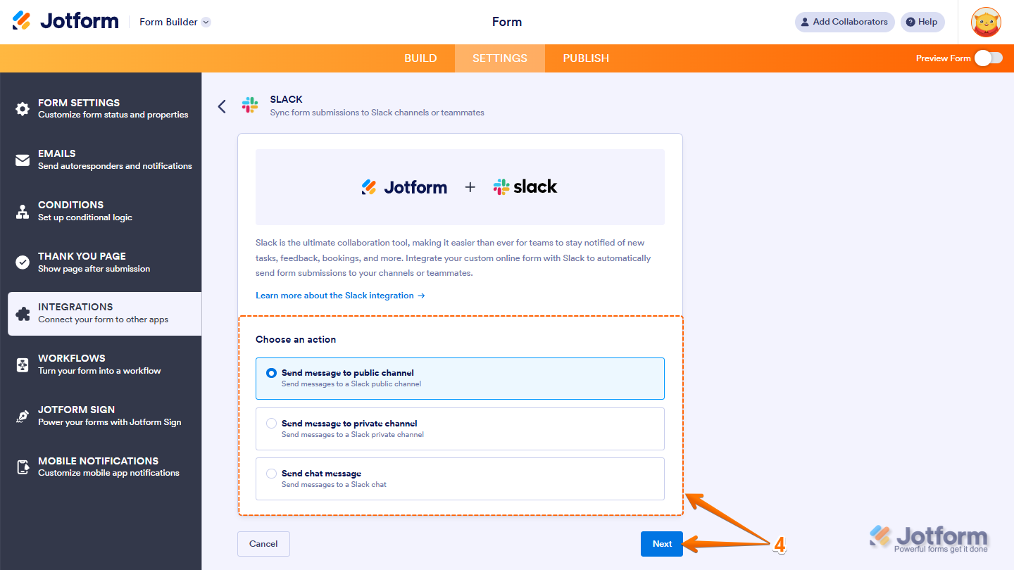 Jotform Slack integration setup window showing the “Choose an Action” section with options to send messages to Public Channel, Private Channel, or Direct Message
