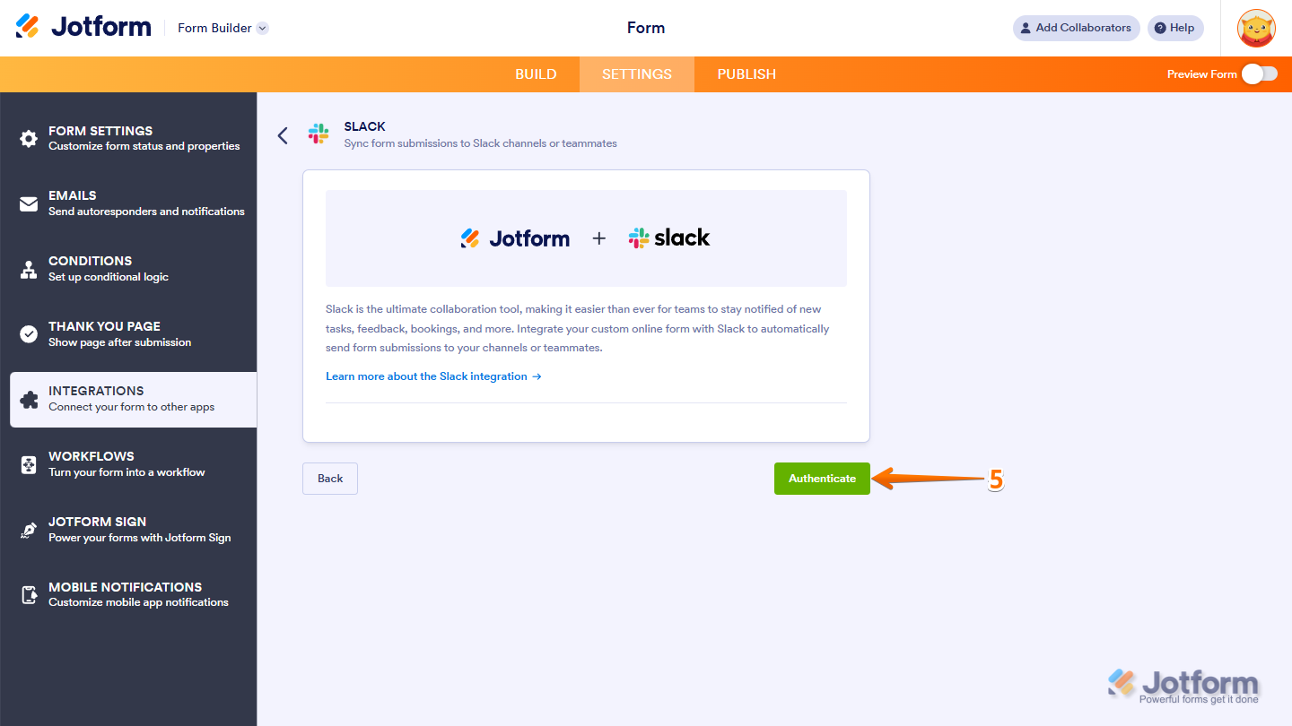 Jotform Slack integration window showing the “Authenticate” button to log in to your Slack account
