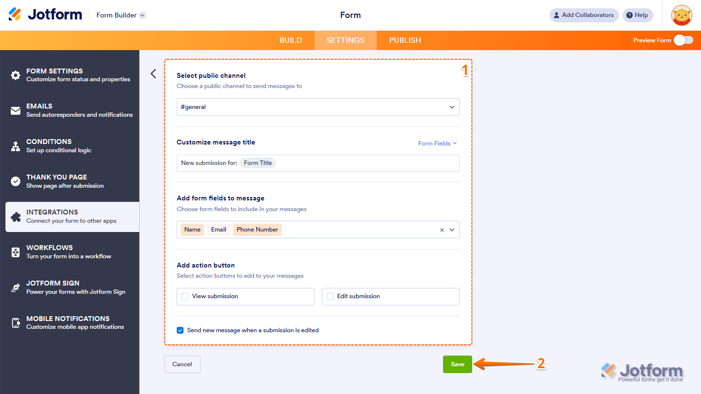 Jotform Slack integration setup screen for sending messages to a public channel, showing options to select the channel, customize message title, add form fields, add action buttons, and enable sending new messages when submissions are edited