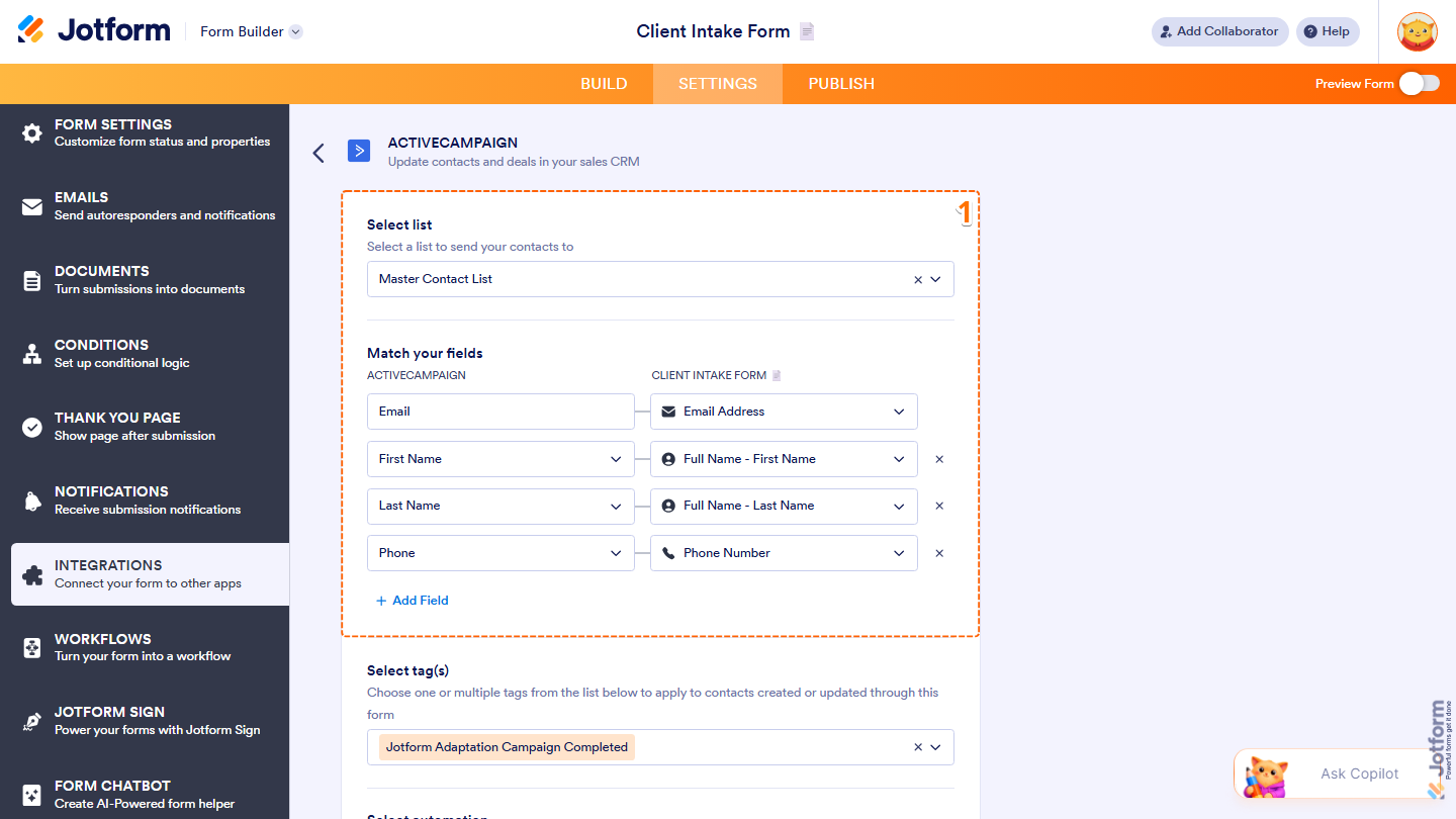 ActiveCampaign integration showing Select List dropdown and Match Your Fields mapping in Jotform