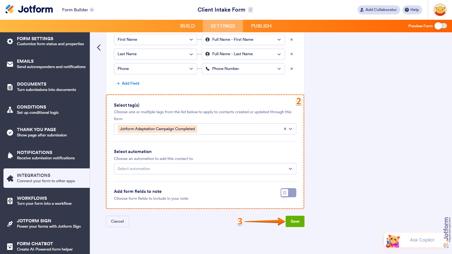 ActiveCampaign integration showing tags automation notes options and Save button in Jotform