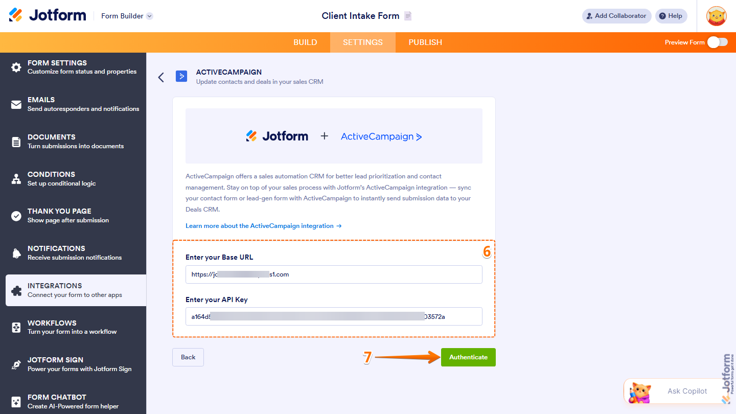 ActiveCampaign integration showing Base URL API Key fields and Authenticate button in Jotform
