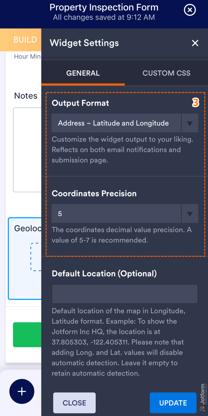Geolocation Widget Settings General tab showing Output Format and Coordinates Precision options in Jotform