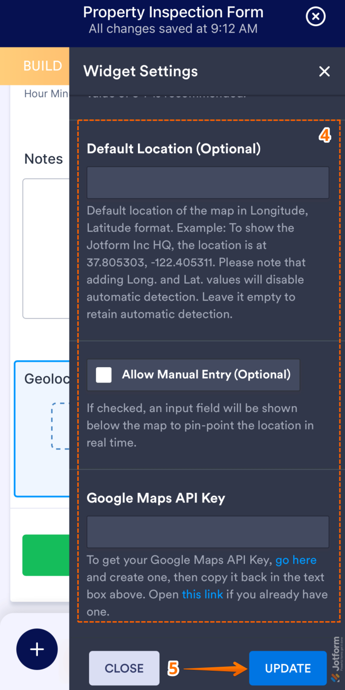 Geolocation Widget Settings showing Default Location Allow Manual Entry Google Maps API Key and Update button in Jotform