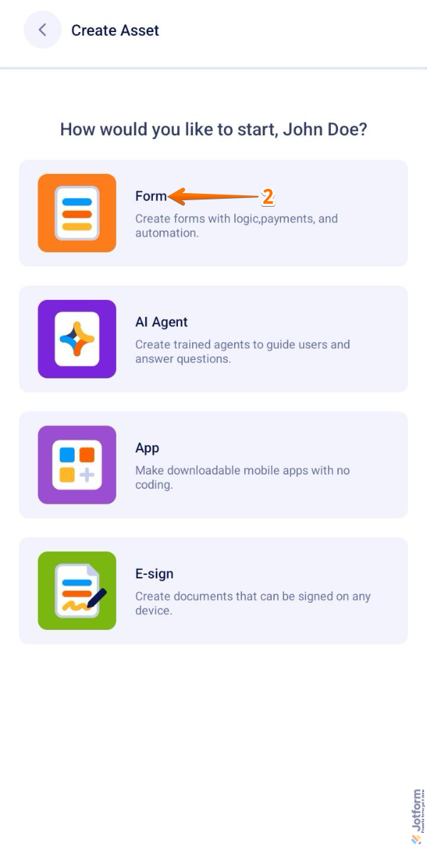 Form option in the Create Asset screen in Jotform Mobile Forms App
