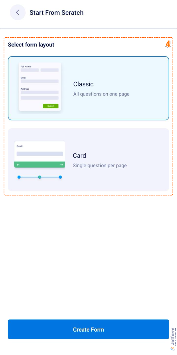 Select Form Layout section in the Start From Scratch screen in Jotform Mobile Forms App