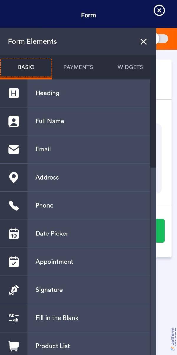 Basic tab elements in the Form Elements menu in Form Builder in Jotform Mobile Forms App