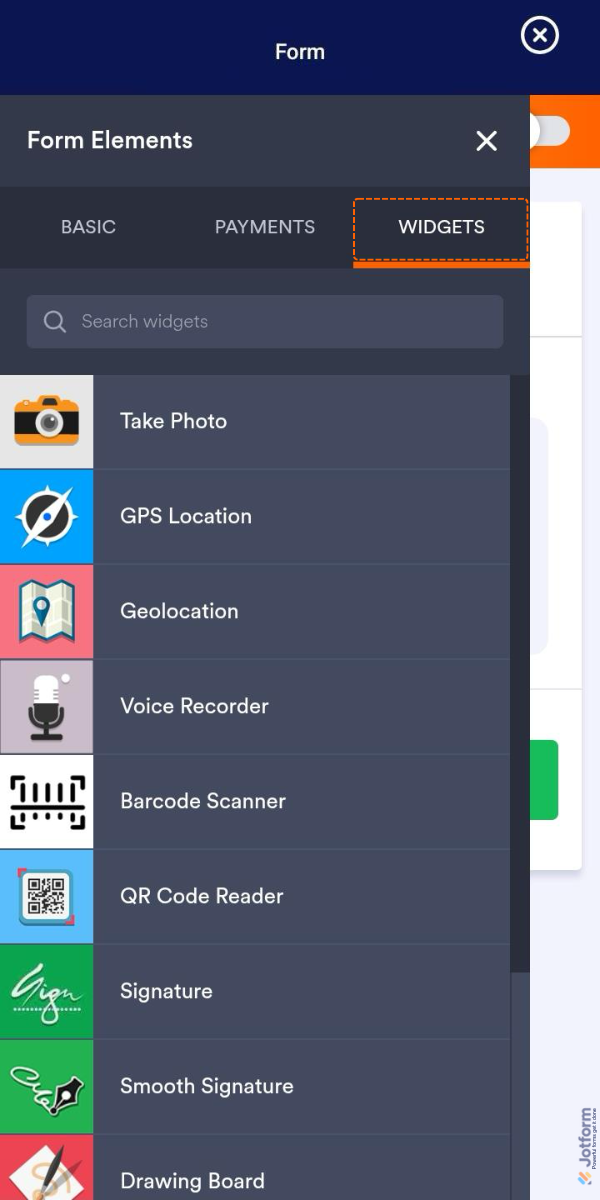 Widgets tab elements in the Form Elements menu in Form Builder in Jotform Mobile Forms App