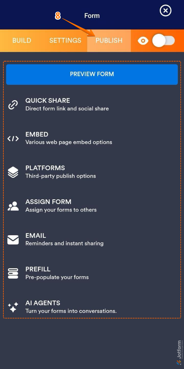 Publish tab in Form Builder in Jotform Mobile Forms App
