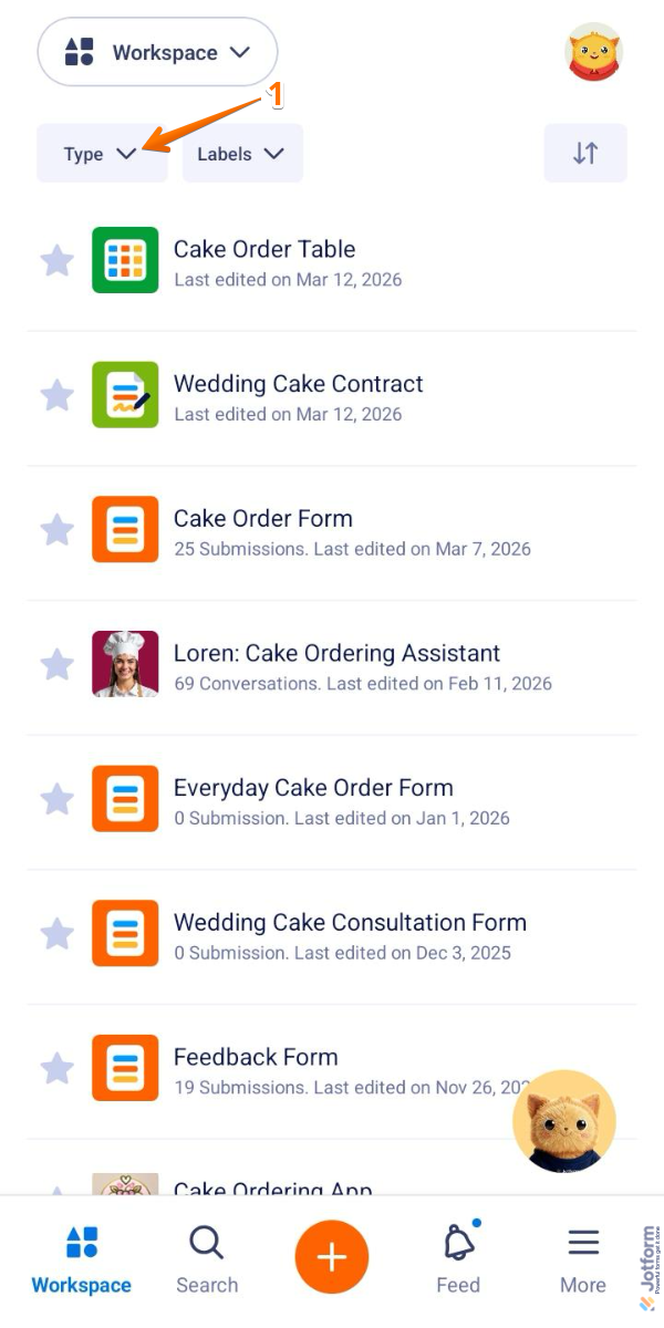 Type dropdown in Workspace of the Jotform Mobile App