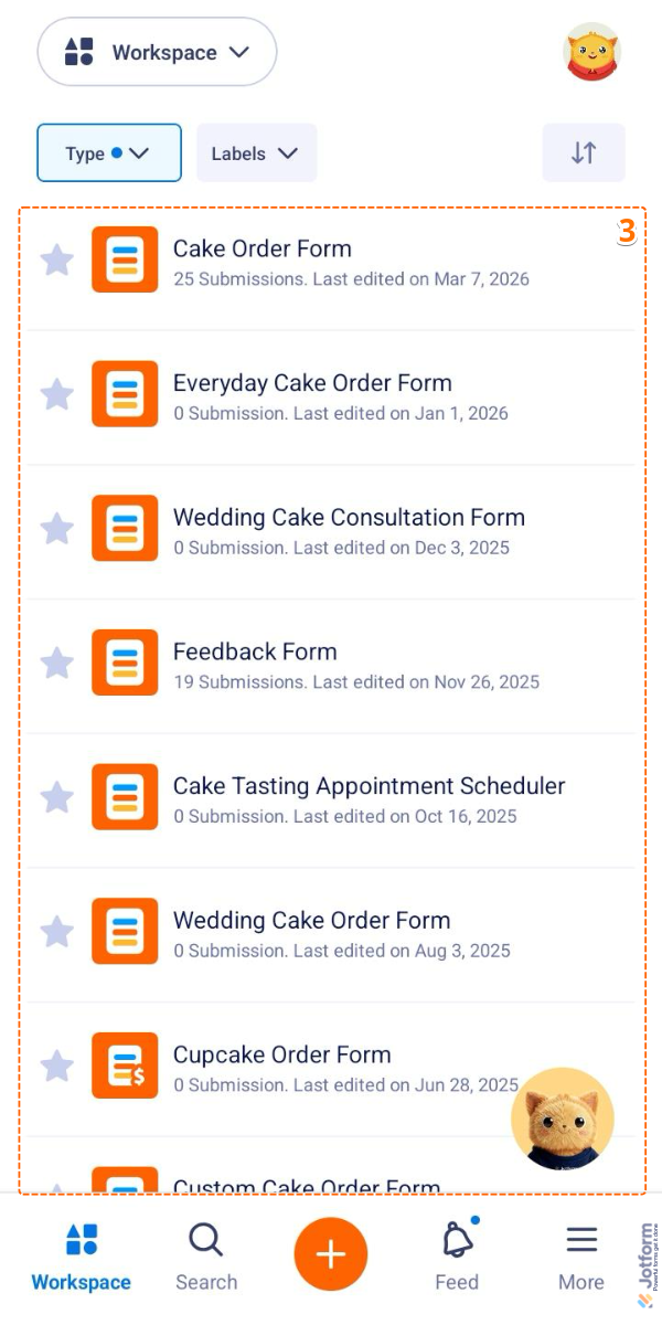 Filtered Forms in Workspace of the Jotform Mobile App
