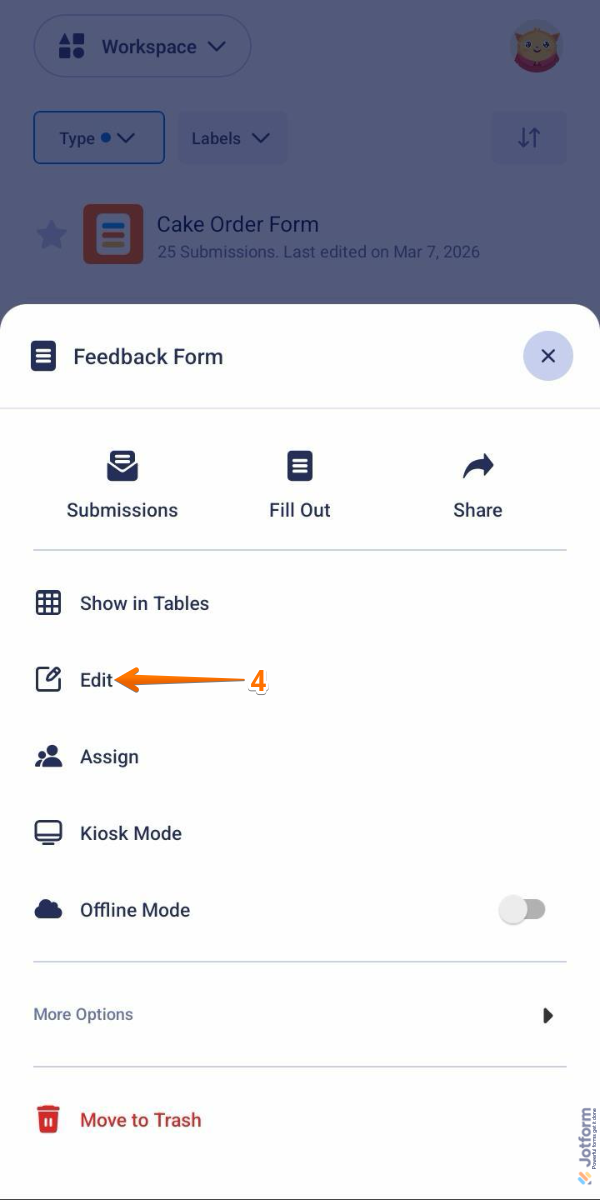 Edit option in the Form menu in Workspace of the Jotform Mobile App