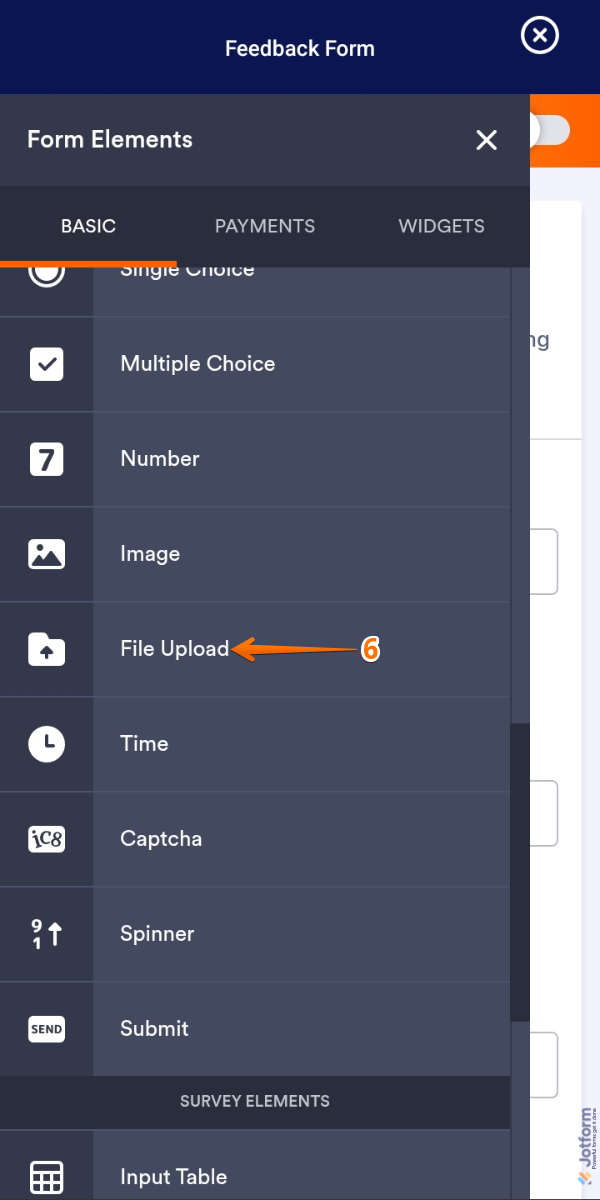 File Upload element under the Basic tab of the Form Elements menu in Form Builder of the Jotform Mobile App