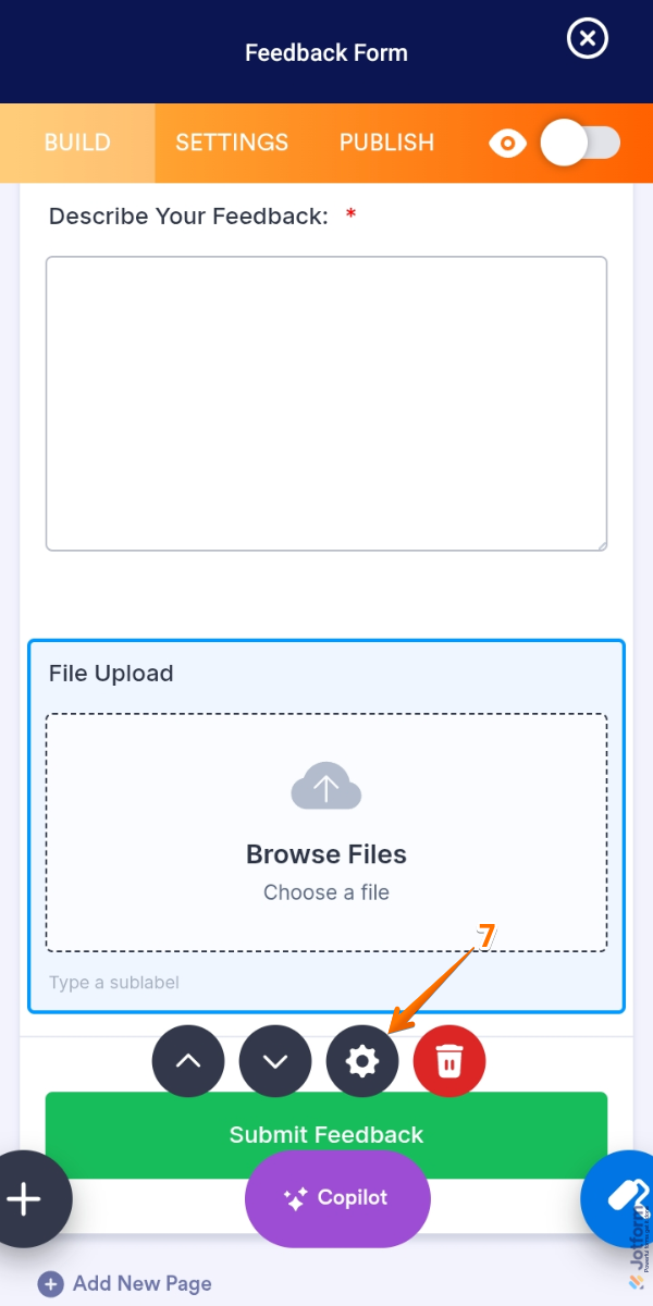 Gear icon on the File Upload field in Form Builder of the Jotform Mobile App