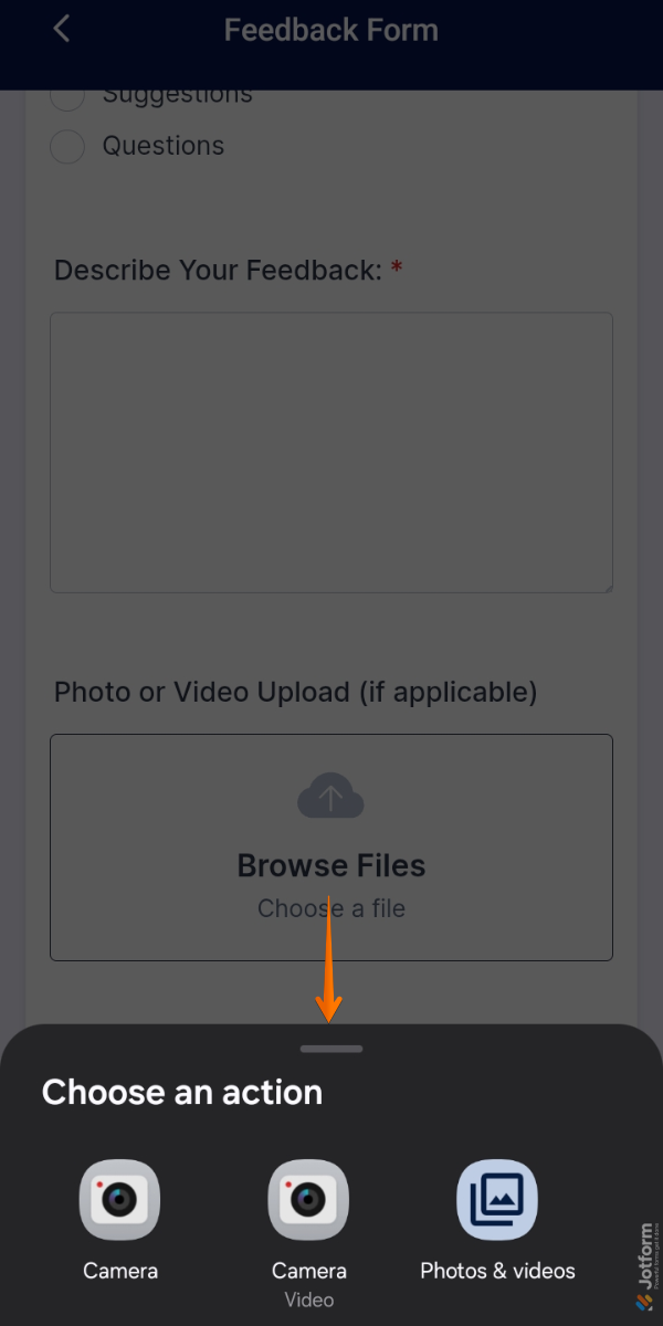 Choose an Action menu of the File Upload field in a demo form in Jotform Mobile App